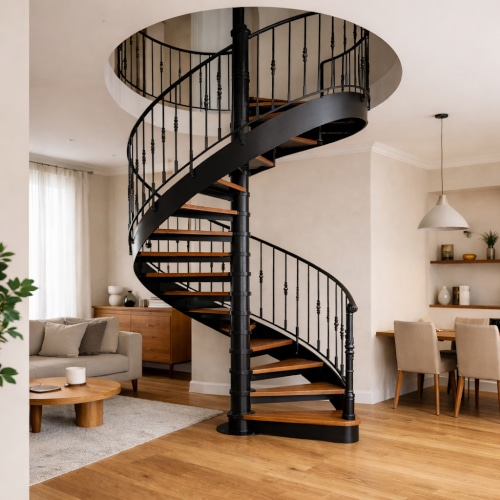 Scala a chiocciola in ferro battuto in appartamento moderno: esempio di installazione con gradini in legno, parquet e living contemporaneo.
