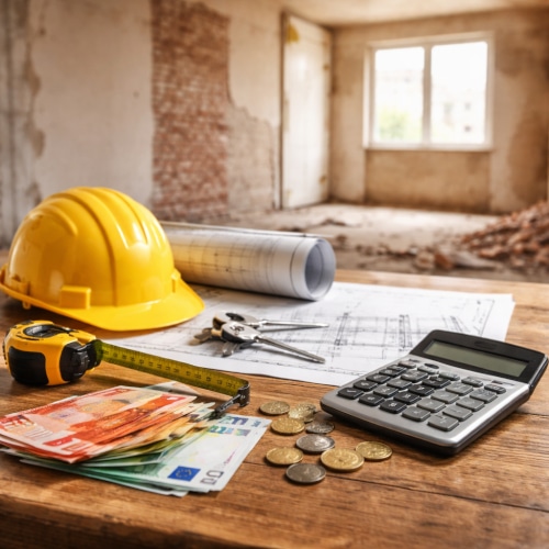 Progetto e budget per la ristrutturazione di un rustico con casco, planimetria, calcolatrice e costi dei lavori