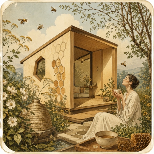 Illustrazione della casa di riso: bioedilizia, api, materiali naturali e benessere si incontrano. Illustrazione vintage di una casa di riso con api, alveari e giardino, ispirata alla bioedilizia e al benessere naturale.