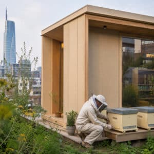 Casa di riso a Milano con alveari e apicoltore, microarchitettura bio-based realizzata con materiali derivati dalla filiera del riso.
