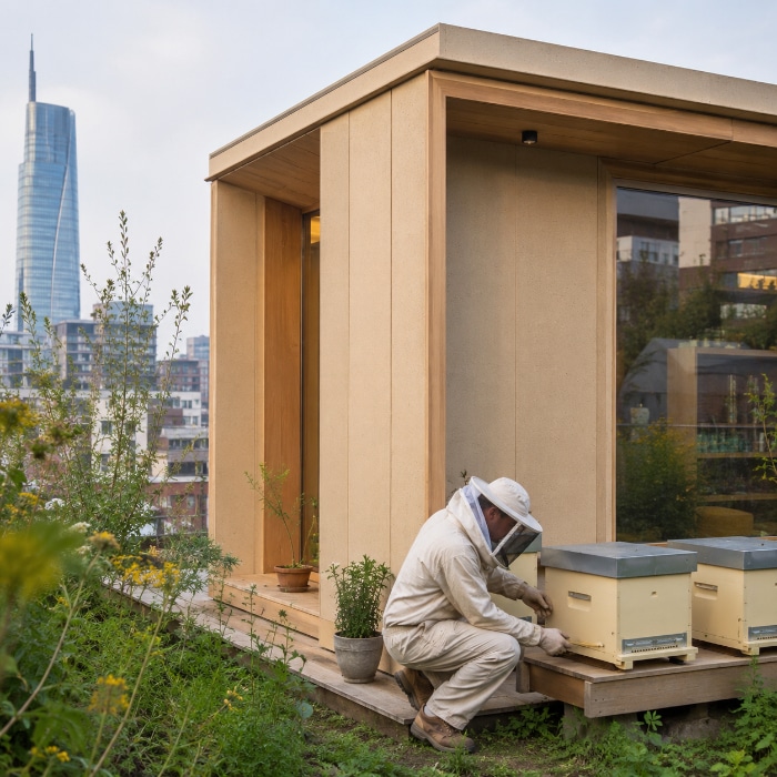 Casa di riso a Milano con alveari e apicoltore, microarchitettura bio-based realizzata con materiali derivati dalla filiera del riso.