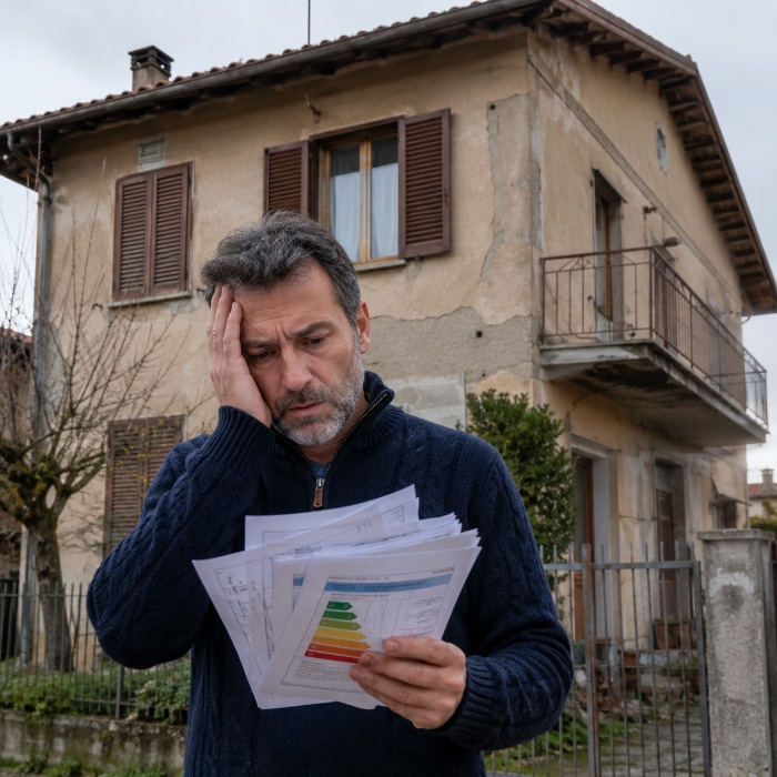 Proprietario di casa preoccupato controlla documenti davanti a casa: arriva il conto dei costi della direttiva case green in scadenza il 29 maggio
