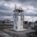 Mini reattore nucleare modulare in una zona periferica italiana con pannelli solari e pale eoliche sullo sfondo.