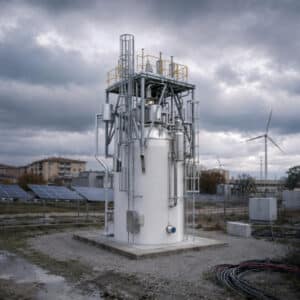 Mini reattore nucleare modulare in una zona periferica italiana con pannelli solari e pale eoliche sullo sfondo.