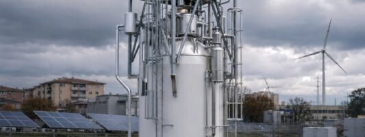 Mini reattore nucleare modulare in una zona periferica italiana con pannelli solari e pale eoliche sullo sfondo.
