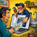 Finto idraulico su Facebook con chiave inglese e maschera rossa mentre truffa un cliente chiedendo soldi online.