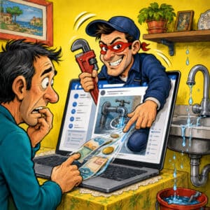 Finto idraulico su Facebook con chiave inglese e maschera rossa mentre truffa un cliente chiedendo soldi online.