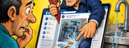 Finto idraulico su Facebook con chiave inglese e maschera rossa mentre truffa un cliente chiedendo soldi online.