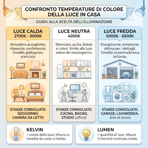 Infografica di confronto per scegliere il colore giusto della luce nei diversi ambienti domestici.