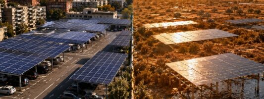 Pannelli solari in città durante il caldo africano, tra parcheggi asfaltati e aree verdi a confronto.