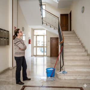 Condomina al piano terra davanti alle scale condominiali pulite con secchio e mocio.