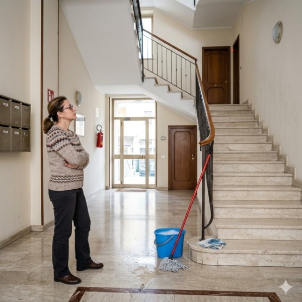 Condomina al piano terra davanti alle scale condominiali pulite con secchio e mocio.