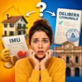 Donna con espressione confusa tra una casa con simboli fiscali e una delibera comunale, immagine concettuale sullo sconto IMU 2026 sulla seconda casa.