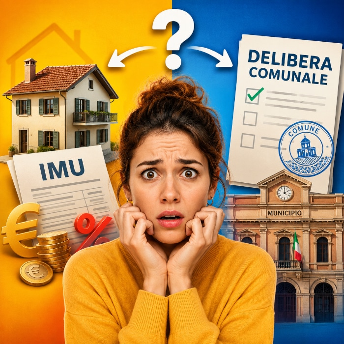 Donna con espressione confusa tra una casa con simboli fiscali e una delibera comunale, immagine concettuale sullo sconto IMU 2026 sulla seconda casa.
