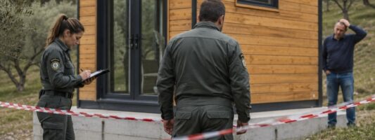 Casetta in legno prefabbricata sotto sopralluogo tecnico, immagine di copertina su tiny house abusiva e rischio demolizione.