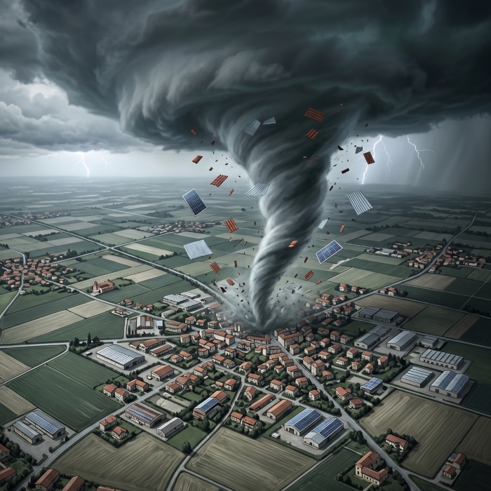 Illustrazione editoriale dall'alto di un tornado che colpisce un centro abitato e industriale nella Pianura Padana, sollevando pannelli solari e tetti. Cielo tempestoso con fulmini sullo sfondo.