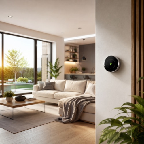 Casa efficiente moderna con termostato smart, grandi finestre isolate e soggiorno moderno luminoso