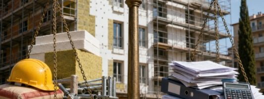 Bilancia simbolica tra cantiere edilizio e documenti fiscali sul costo del Superbonus da 174 miliardi