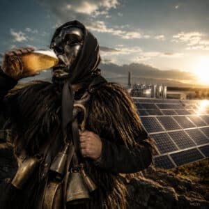 Figura tradizionale sarda ispirata ai Mamuthones beve una birra Ichnusa davanti a un impianto fotovoltaico al tramonto.