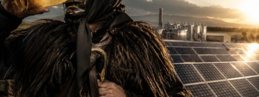 Figura tradizionale sarda ispirata ai Mamuthones beve una birra Ichnusa davanti a un impianto fotovoltaico al tramonto.