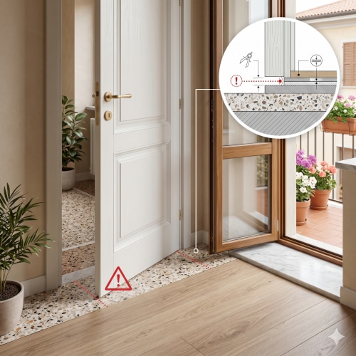 Con un pavimento sovrapposto bisogna sempre verificare lo spazio disponibile sotto porte, portefinestre e soglie. Pavimento sovrapposto problema porte porte-finestre e soglie.