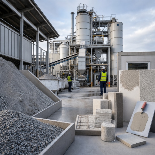 Impianto industriale per trasformare scarti e rifiuti in materiali per edilizia come malte, intonaci e calcestruzzo