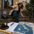 Donna che scivola su scale condominiali bagnate con bollettino meteo e documenti legali