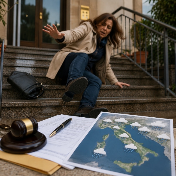 Donna che scivola su scale condominiali bagnate con bollettino meteo e documenti legali