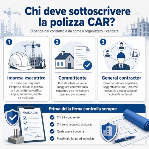 Infografica su chi deve sottoscrivere la polizza CAR in cantiere.