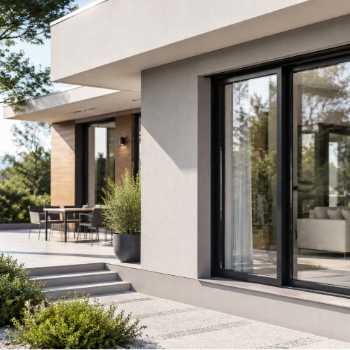 Vetrata scorrevole con serramenti in PVC: finitura nera per un design moderno. Progetto e posa sono basilari per una resa performante di infissi in PVC o alluminio,