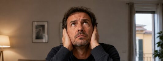 Condomino infastidito dai vicini rumorosi del piano di sopra con documenti legali sul tavolo.