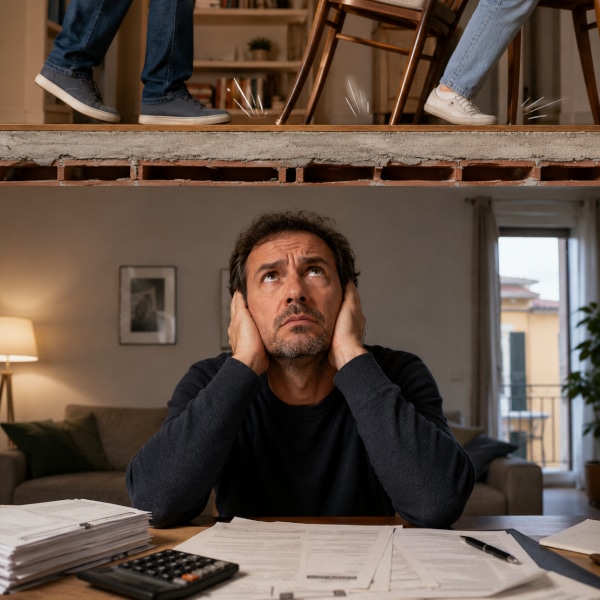 Condomino infastidito dai vicini rumorosi del piano di sopra con documenti legali sul tavolo.