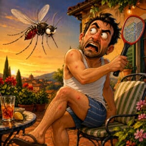 Persona su terrazza con paletta anti insetto contro una grande zanzara, immagine sul problema delle zanzare in giardino e della disinfestazione estiva.