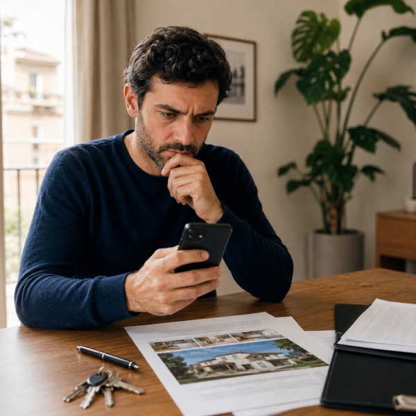 Persona controlla un annuncio di casa sui social prima di contattare e di pagare un agente immobiliare.