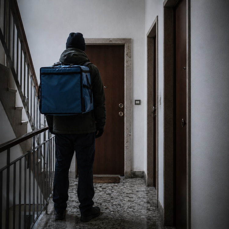 Nell’androne di un condominio un rider sul pianerottolo osserva le porte chiuse in cerca di indizi di case vuote.