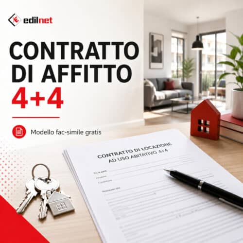 Contratto di affitto 4+4 con modello fac-simile, chiavi di casa e documento di locazione.