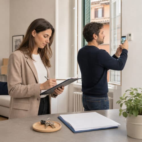 Proprietario e inquilino controllano lo stato dell’immobile prima della consegna.