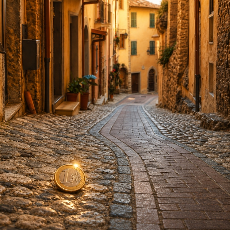 Moneta da 1 euro in primo piano in un borgo medievale, simbolo del bando per case a 1 euro Discover Norma.
