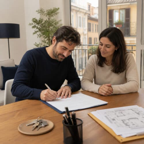Locatore e conduttore firmano un contratto di affitto in un appartamento italiano.