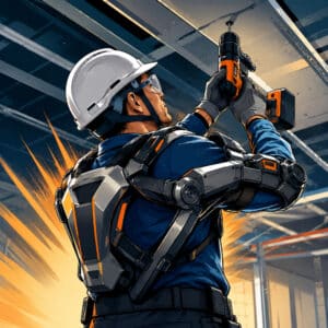 Operaio in cantiere con esoscheletro passivo sulle spalle mentre lavora sopra la testa su un controsoffitto.