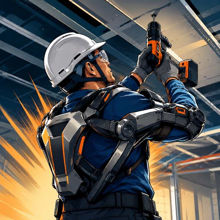 Operaio in cantiere con esoscheletro passivo sulle spalle mentre lavora sopra la testa su un controsoffitto.