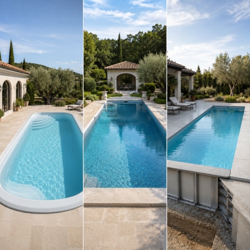 Piscine eleganti in stile mediterraneo: in vetroresina, in cemento e in acciaio. Confronto tra piscine in terra di diversi materiali.