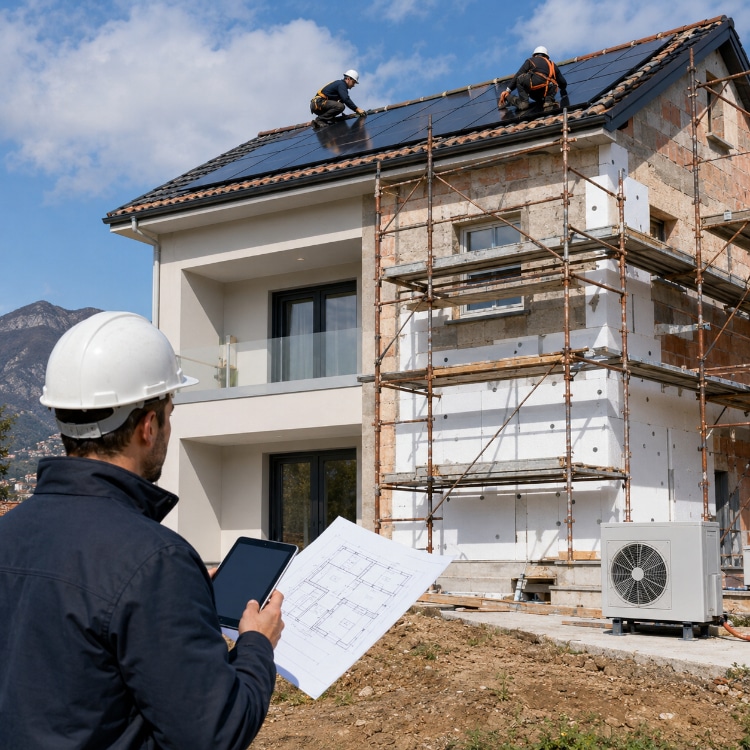 Ristrutturazione casa nuovi obblighi sulle rinnovabili dal 3 agosto 2026. Ristrutturazione casa con fotovoltaico, cappotto termico e pompa di calore.