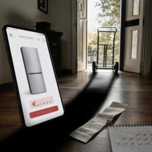 Elettrodomestico acquistato online ma mai consegnato, con carrello vuoto davanti alla porta.