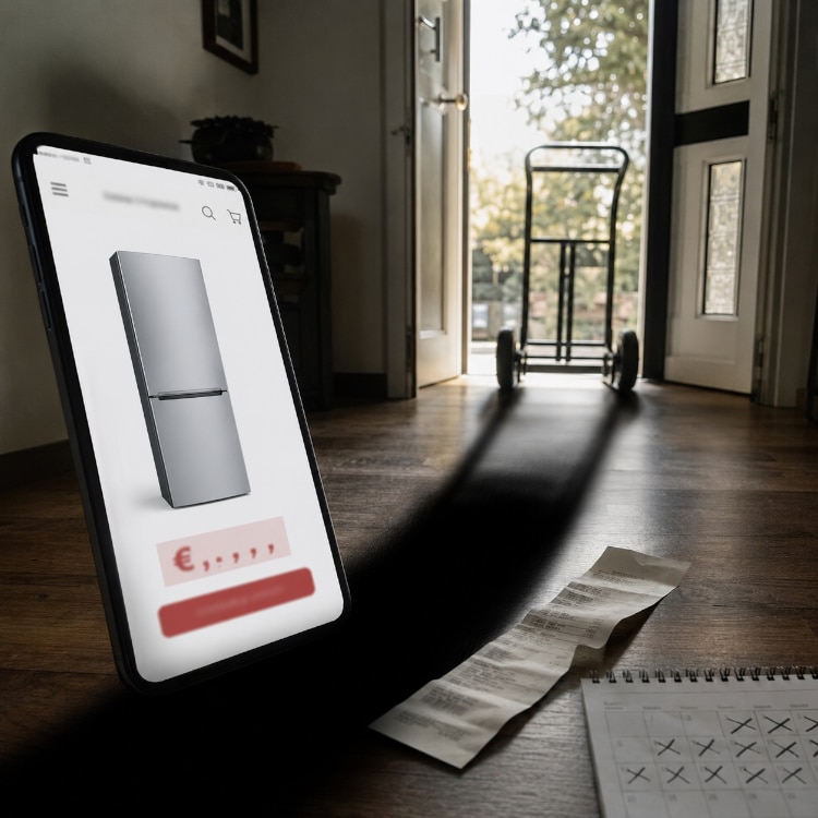 Elettrodomestico acquistato online ma mai consegnato, con carrello vuoto davanti alla porta.