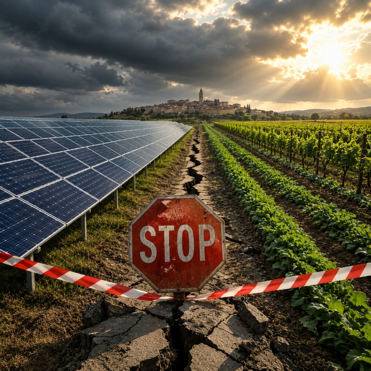 Una profonda frattura nel terreno, un segnale di stop e il nastro di delimitazione rappresentano simbolicamente il divieto confermato dalla Consulta sul fotovoltaico agricolo e lo scontro tra produzione di energia rinnovabile e tutela del suolo.