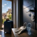 Chiavi di casa con copia digitale accanto a una porta blindata e una valigia pronta per le ferie, simbolo dei furti senza scasso.