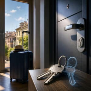 Chiavi di casa con copia digitale accanto a una porta blindata e una valigia pronta per le ferie, simbolo dei furti senza scasso.