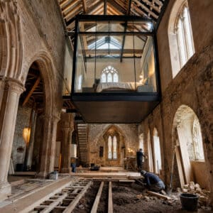Comprare una chiesa da ristrutturare: interno storico trasformato in casa con camera sospesa in vetro e cantiere aperto.