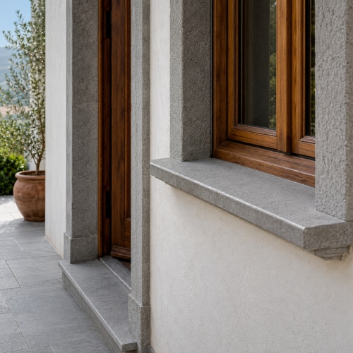Dettaglio ravvicinato di una finestra con davanzale in pietra serena e ingresso con soglia coordinata, inseriti in una facciata esterna chiara con serramenti in legno, in stile residenziale italiano.